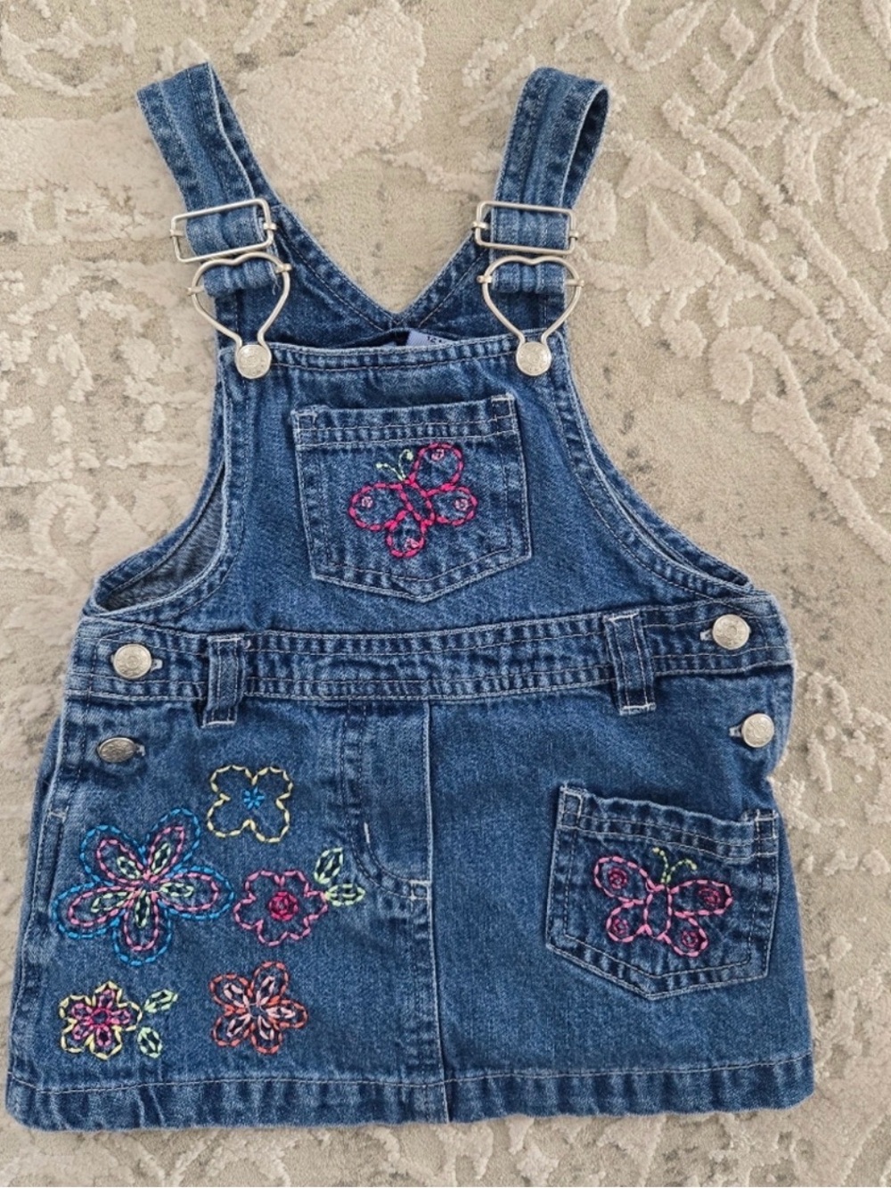 Vintage Y2K Denim Overall Dress with Floral Embroidery